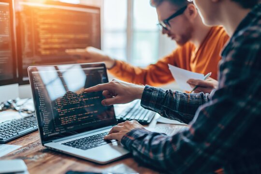 Programming and software development team work on laptop in a bright tech office