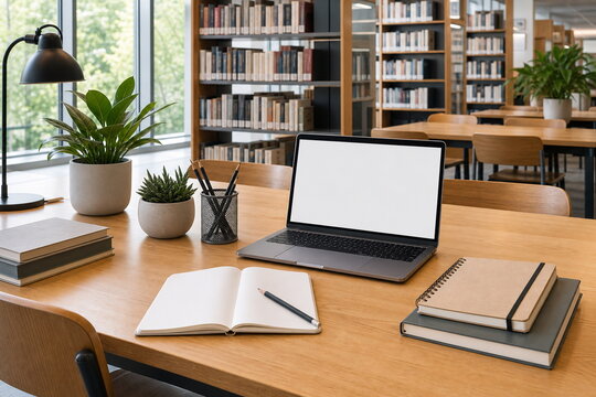 図書館の机に置かれたノートパソコンと本