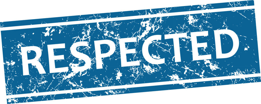 Distressed rubber stamp impression of the word 'respected' in teal blue on a white background