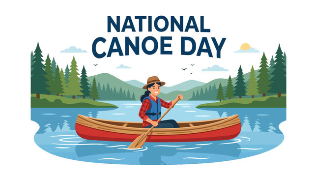 Celebrate national Canoe Day with a woman paddling a red canoe on a serene lake surrounded by pine trees and mountains