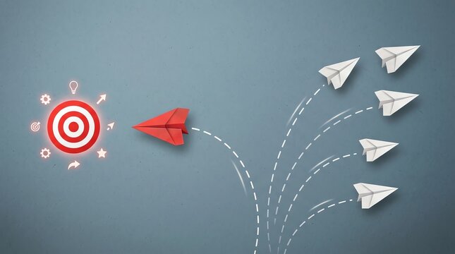 Conceptual representation of a bold red paper airplane breaking away from the herd to hit a precise business growth target successfully