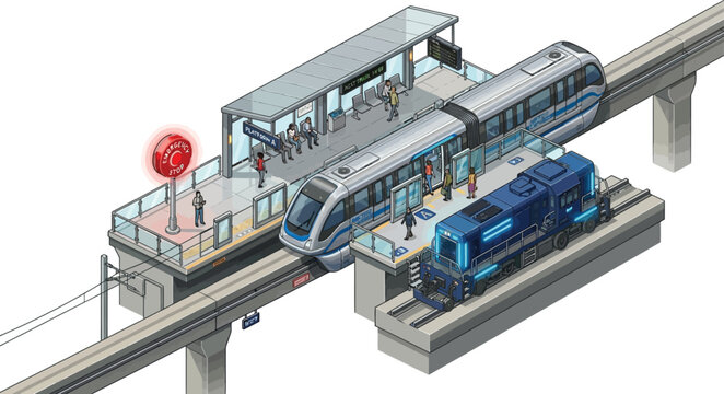 Isometric view of a modern monorail station platform with passengers boarding the commuter train.