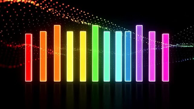 Vibrant rainbow colored digital audio equalizer pulsing rhythmically with glowing lights