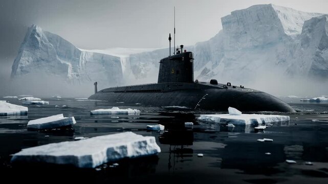 Silent submarine gliding through icy polar waters surrounded by floating ice in Arctic ocean