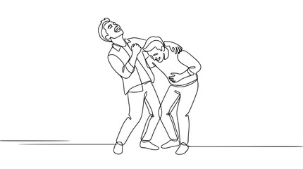 Obraz premium Two friends laughing hysterically, one supporting the other in a continuous line drawing.