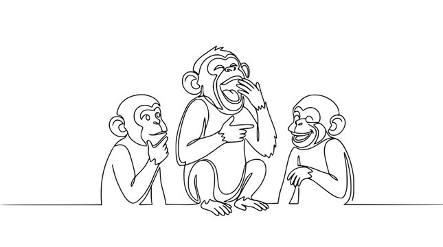 Three monkeys laughing and telling jokes, continuous line drawing, funny animal illustration