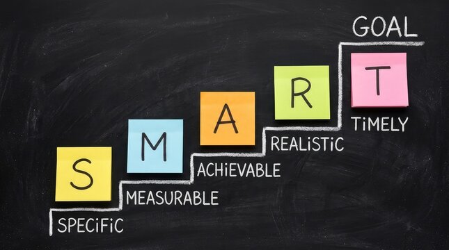 Colorful sticky notes arranged on a chalkboard to illustrate the smart goal setting business process