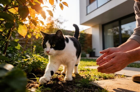 Cute black and white cat walking towards owner outstretched hands in sunny garden ideal for pet adoption marketing and outdoor lifestyle banner