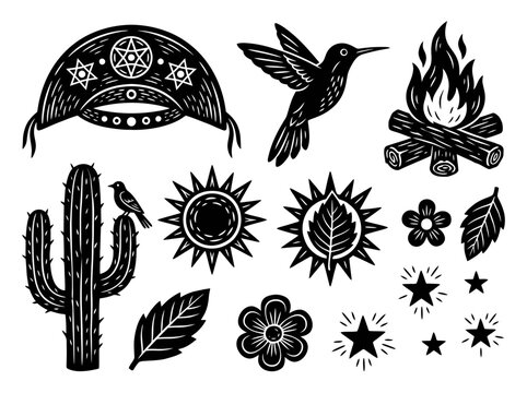 Brazilian Cordel Woodcut Icon Set - Xilogravura Style Folk Art Illustrations