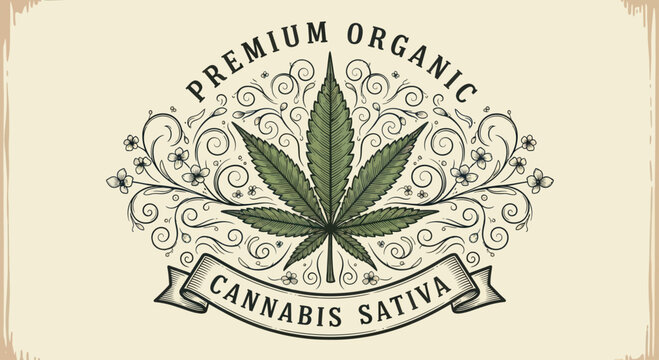 Premium Organic Cannabis Sativa Leaf Emblem Vintage Style.