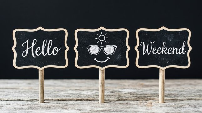 Three small vintage wooden chalkboard signs displaying the happy greeting hello weekend with summer icons