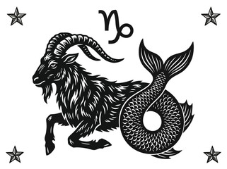 Fototapeta premium Capricorn Zodiac Sign Sea Goat Black and White Woodcut Illustration