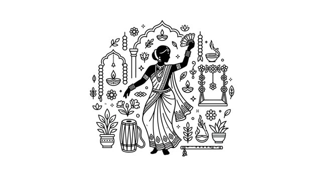 Indian Woman Dancing in Traditional Saree Line Art Illustration