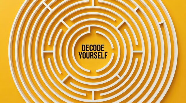 Circular white maze puzzle with bold black text reading decode yourself on a vibrant yellow background