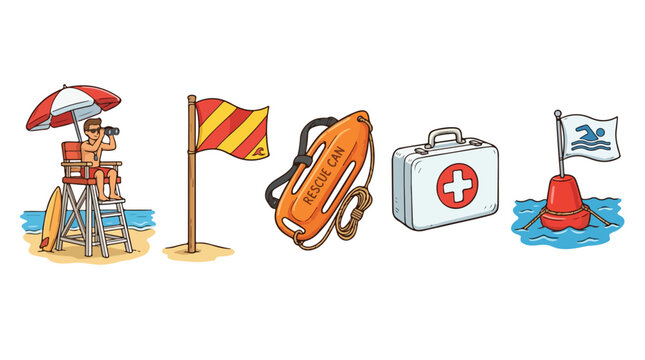 Flat lay illustration of beach safety equipment including a lifeguard chair, rescue buoy, first aid kit, and warning flags on a white background.