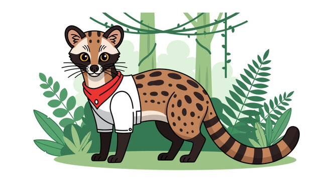 Vector Illustration of a Spotted Genet Wearing a White Shirt and Red Scarf in a Lush Green Forest