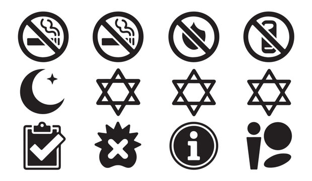 Halal and kosher signs, warning symbols, religious and prohibition icons set.