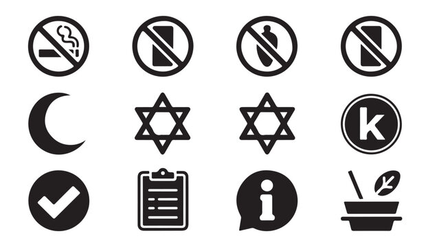 Set of prohibition, religious, and information vector icons for various rules and symbols.