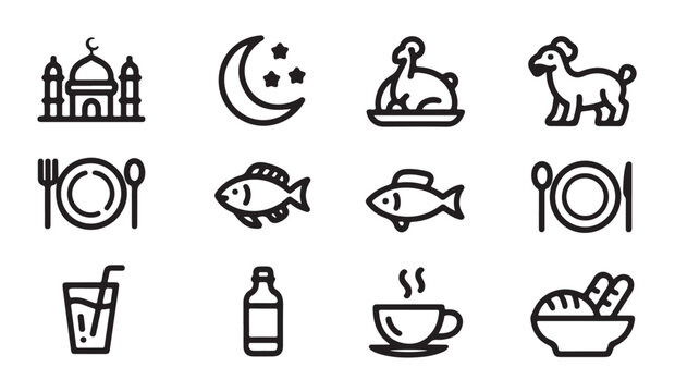 Collection of food, drink, and cultural vector icons related to islamic dining traditions.