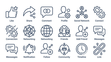 Fototapeta premium Social Media Icons Set: Like, Share, Connect, Community, Networking, Friends, Messages