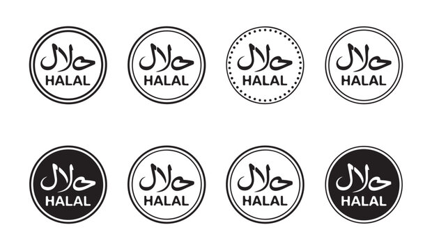 Round halal food certification stamps with calligraphy in various border circle styles.