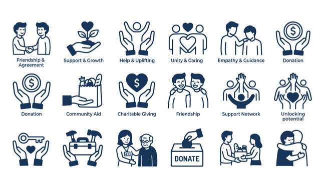 Set of Icons Representing Charity, Support, Friendship, and Community Aid