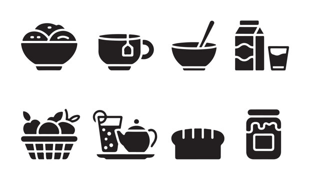 Breakfast food and beverage icons featuring tea milk bread fruit and honey jam pot collection.