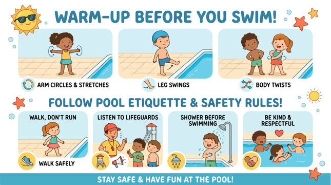 Infographic titled 'Warm-up Before You Swim' providing pool safety and etiquette tips with illustrations of children in various swimming and safety actions against a clean white background