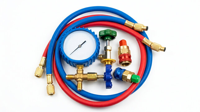 HVAC Manifold Gauge Set with Red and Blue Charging Hoses for Air Conditioning Refrigerant Pressure Testing