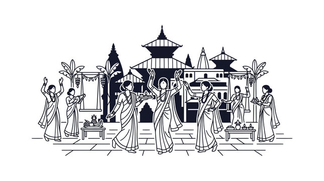 Nepalese Women Celebrating Teej Festival in Front of Pashupatinath