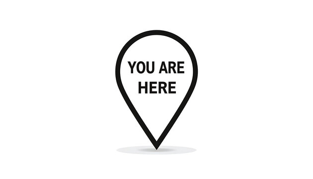 Location marker with "you are here" text inside, simple map pin icon, navigation and direction symbol