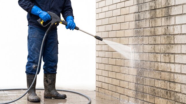 Worker cleaning dirty brick wall with high pressure water jet, removing grime from exterior surface during professional maintenance service.