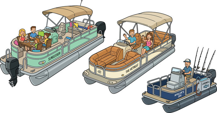 Group of pontoon boats with families and fishermen relaxing on the water during summer time
