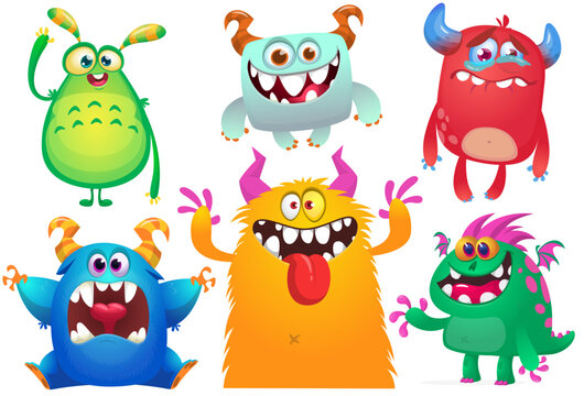 Happy cartoon monsters with different face expressions. Set of cartoon vector funny and scary monsters characters design isolated on white