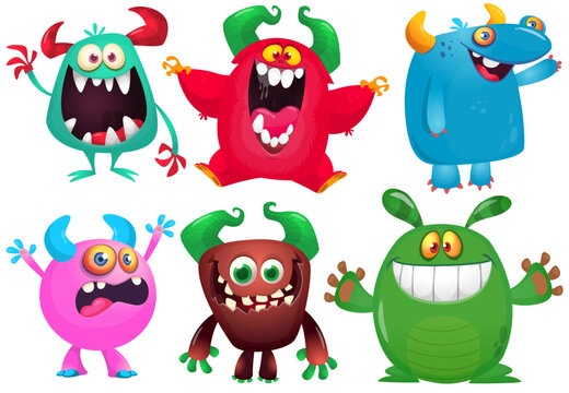 Happy cartoon monsters with different face expressions. Set of cartoon vector funny and scary monsters characters design isolated on white