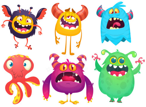 Happy cartoon monsters with different face expressions. Set of cartoon vector funny and scary monsters characters design isolated on white