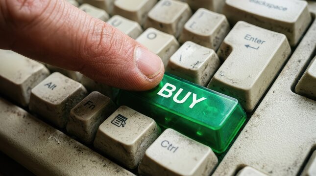 Human finger pressing a glowing green buy key on a dusty old vintage computer keyboard