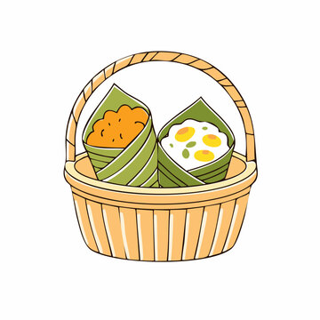 Illustration of food in a basket with leaf wraps