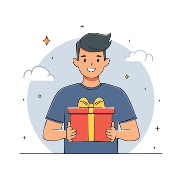 Man holding red gift box with yellow bow