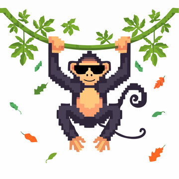 Pixel art monkey with sunglasses hanging on a vine