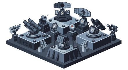 Military defense system with multiple weapon turrets and radar. © Vario