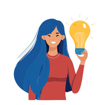 Woman holding light bulb, flat vector illustration