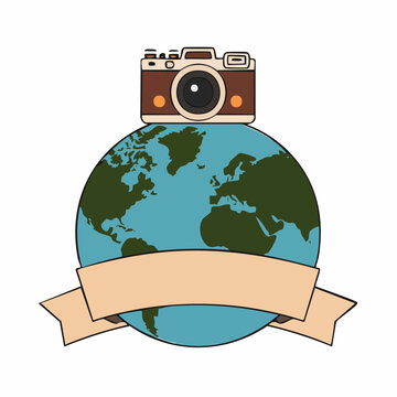 Vintage camera on globe with banner
