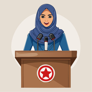Woman in Hijab Speaking at Podium with Microphones