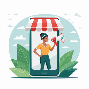 Woman with megaphone in smartphone screen, online store concept