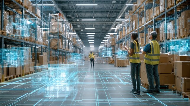 Warehouse Workers Supervising Robotic Vision and AI Automation System