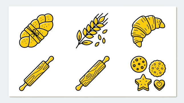 Baking Icons: Bread, Croissant, Wheat, Rolling Pins, Cookies, Dough