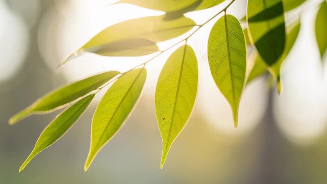 Sunlight filtering through delicate green leaves highlighting intricate veins in nature close up