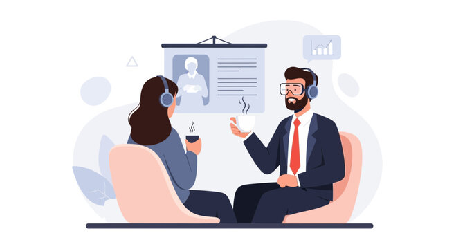 Business professionals in a virtual meeting, discussing strategy with coffee break