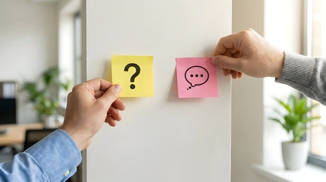 Agile brainstorming and feedback concept with hands attaching question and chat sticky notes to office wall
